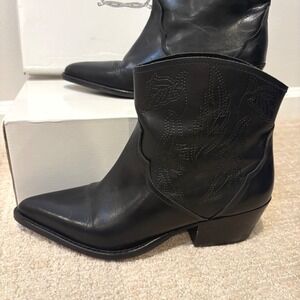 DEPP LONDON Black Leather Pointed Toe Western Short Ankle Boots Women UK 4 EU 37